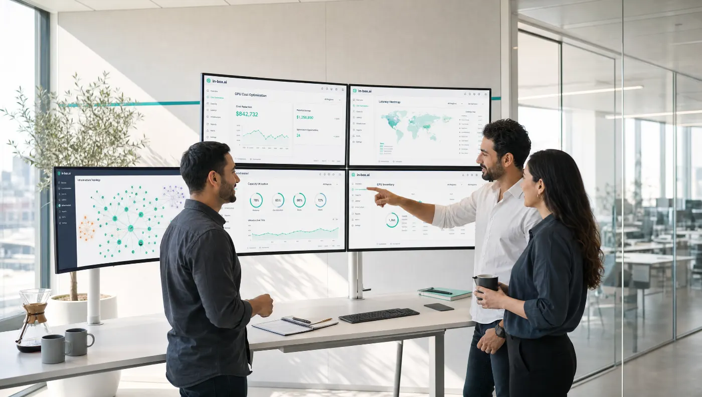 AI infrastructure team reviewing Cogniware.ai cost, latency, and capacity dashboards in a bright operations room