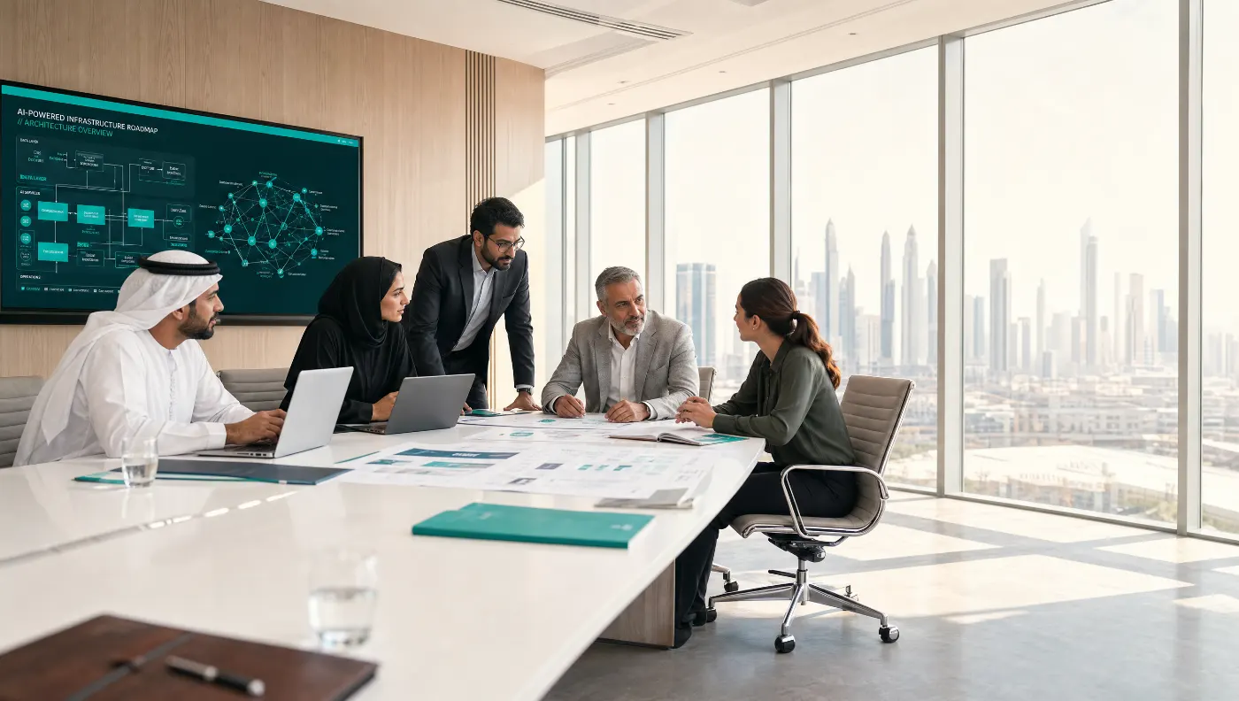 Consultants and enterprise leaders reviewing an AI workflow and infrastructure roadmap in a bright boardroom