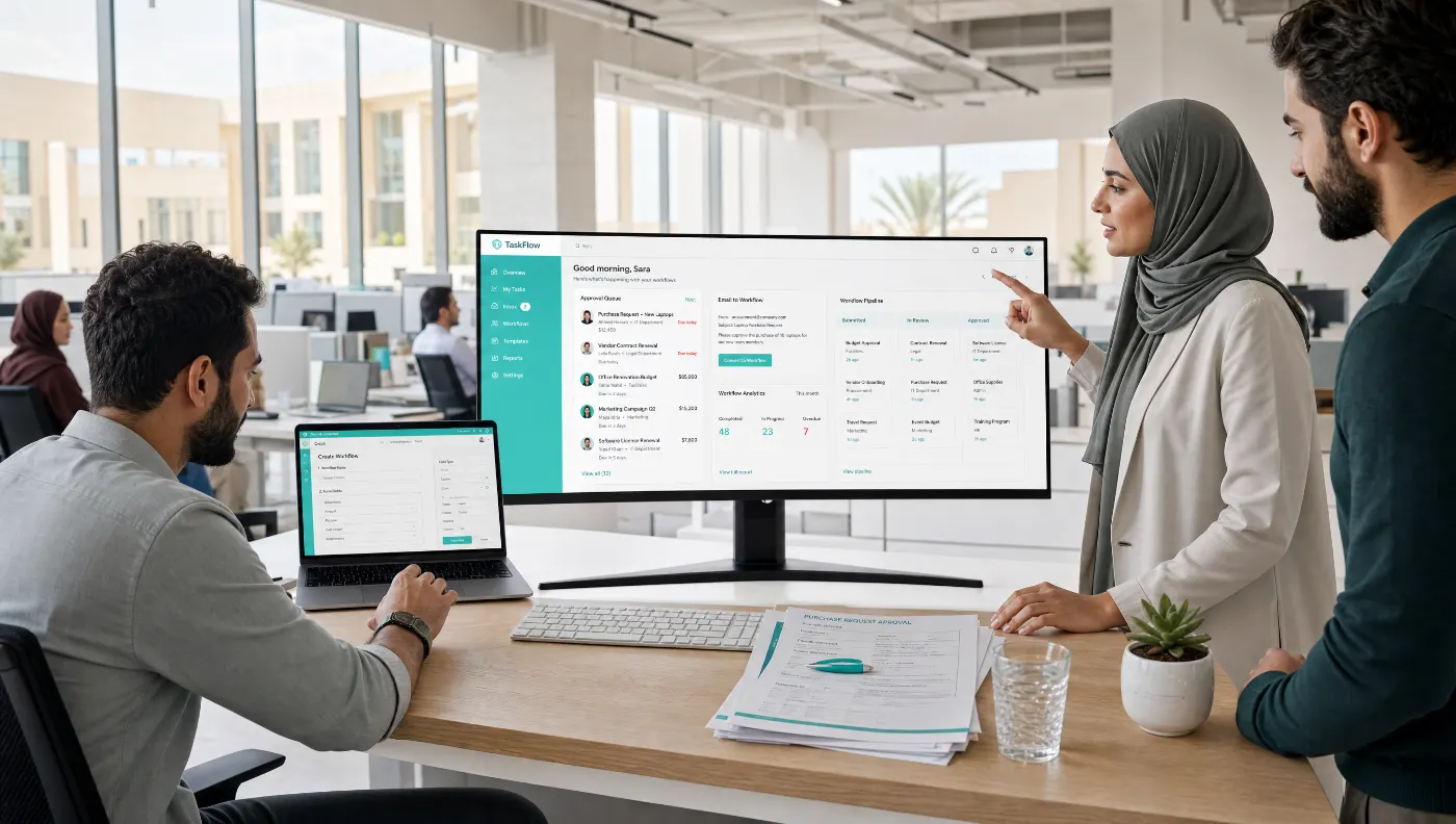 Enterprise team reviewing Workhall workflow automation dashboards in a bright modern office