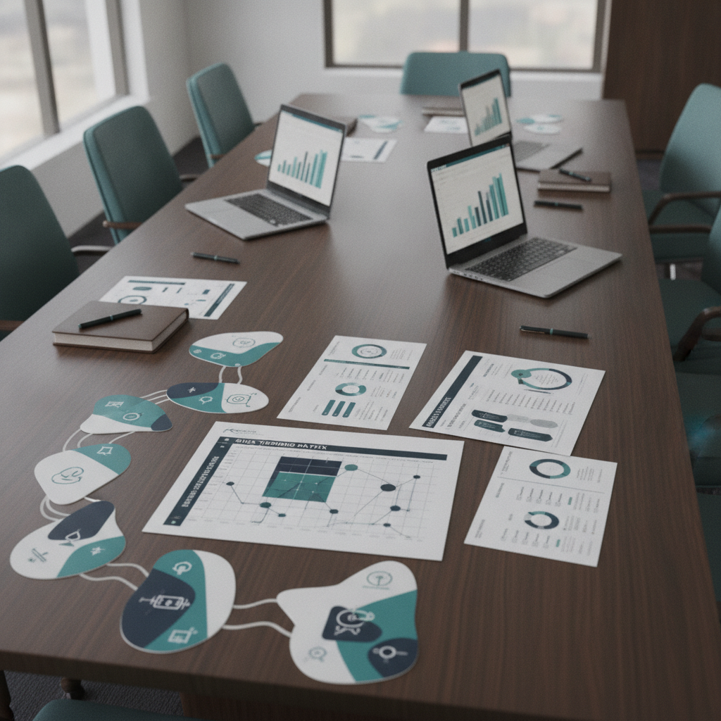 Professional AI governance planning table with abstract lifecycle documents and dashboards