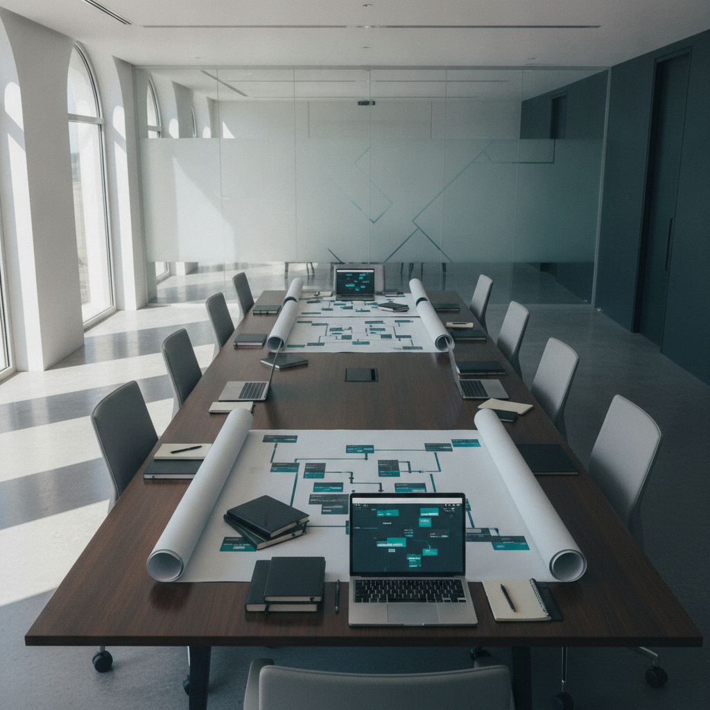 Professional boardroom table with abstract workflow architecture documents and laptops