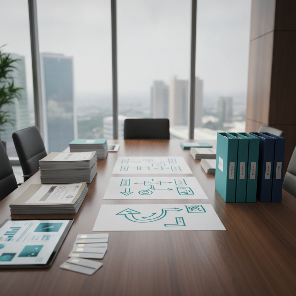 Enterprise knowledge search planning table with documents, retrieval flow notes, and access control cards