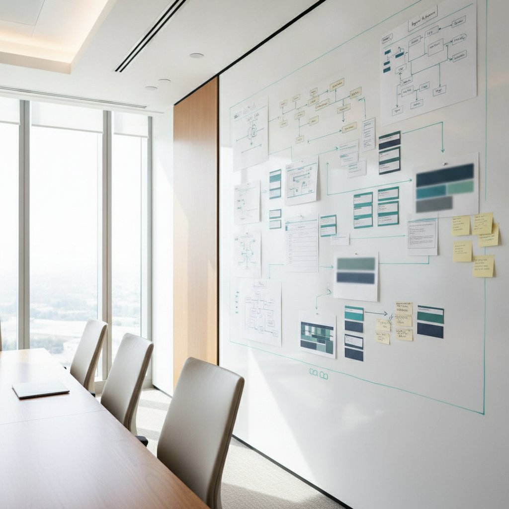 Enterprise workflow planning board with process maps, approval routing cards, and dashboard notes